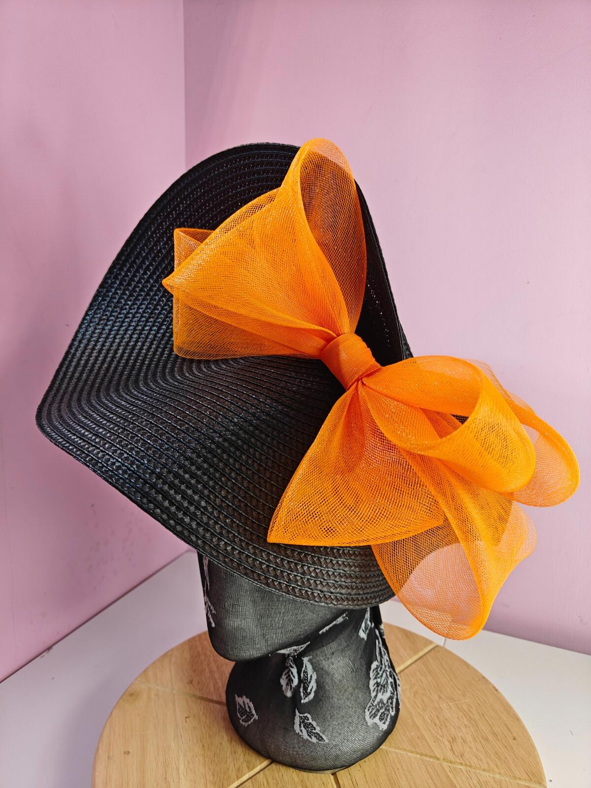 black orange large straw fascinator wedding hat Kentucky Derby Royal Ascot