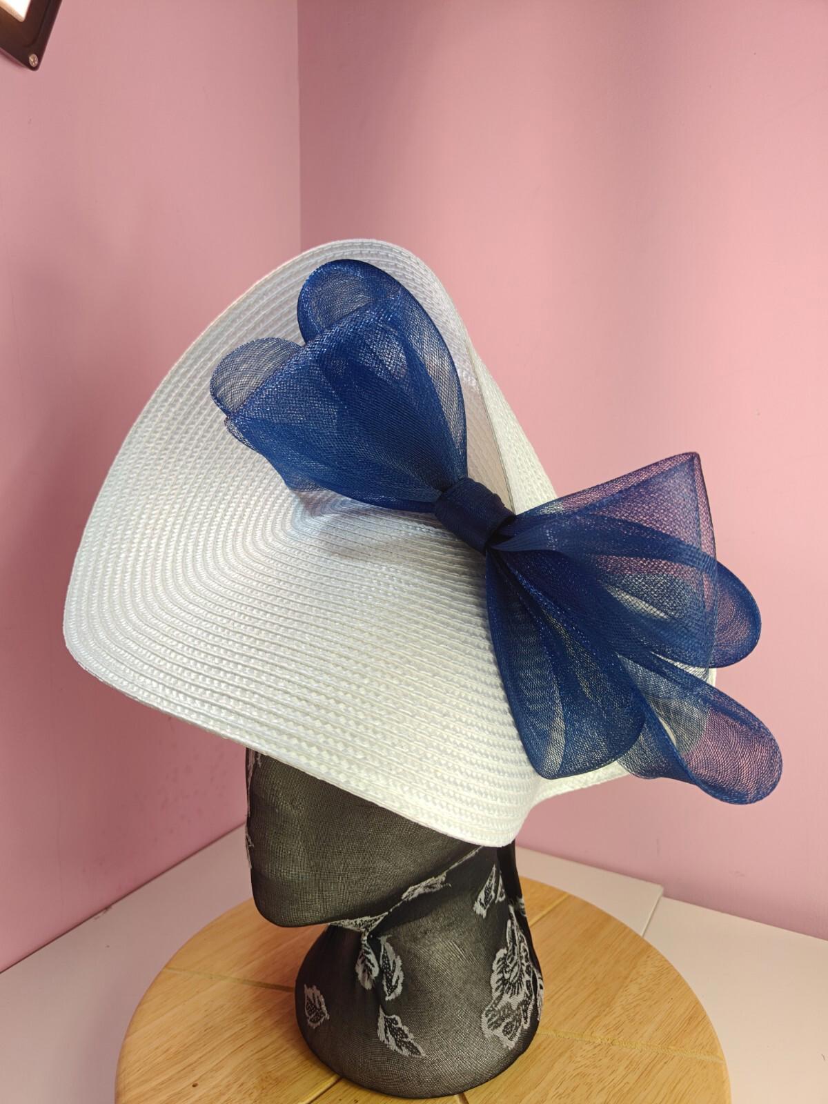 white navy large straw fascinator wedding hat Kentucky Derby Royal Ascot
