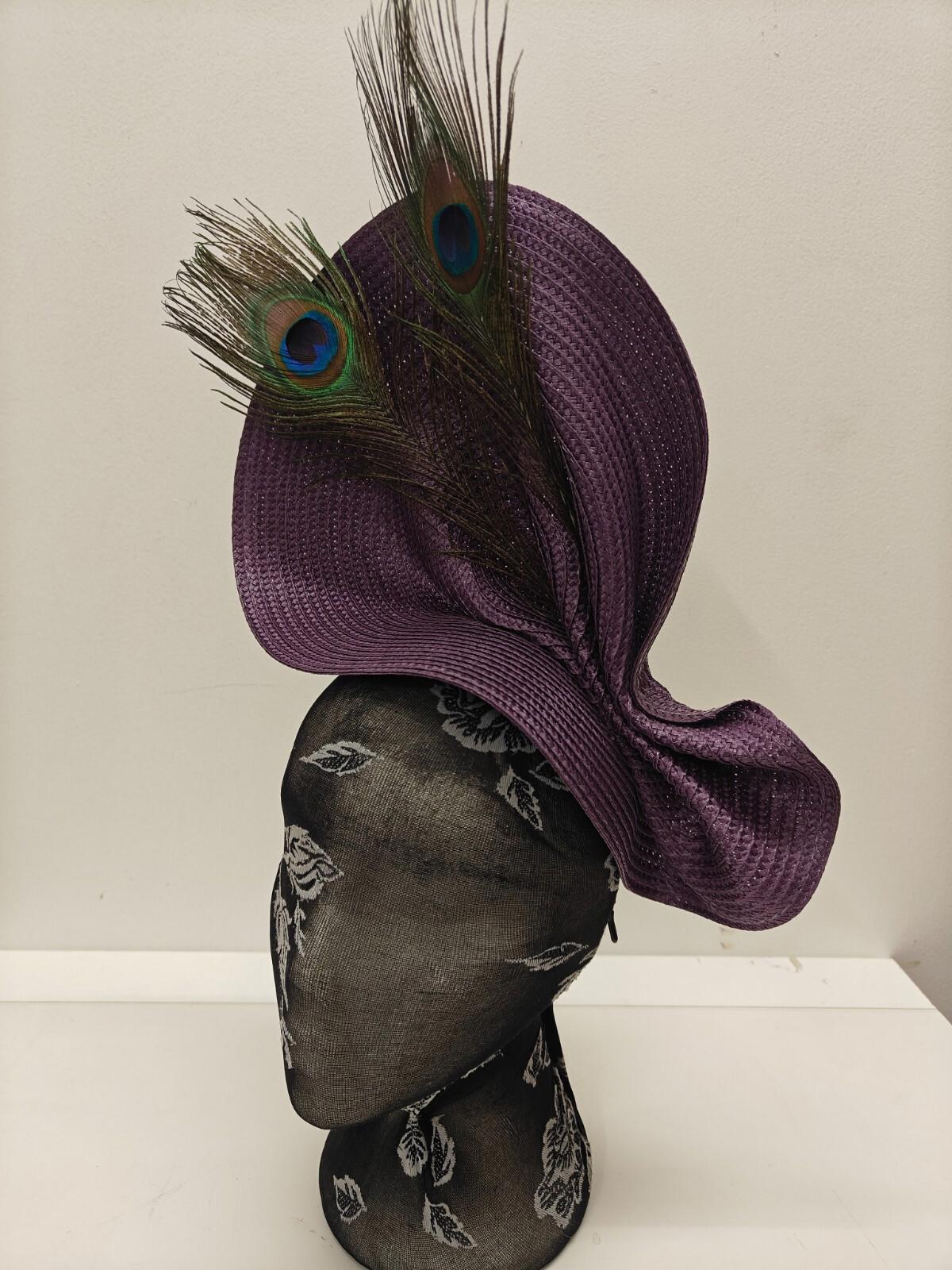 purple large straw fascinator peacock feather millinery headband wedding hat