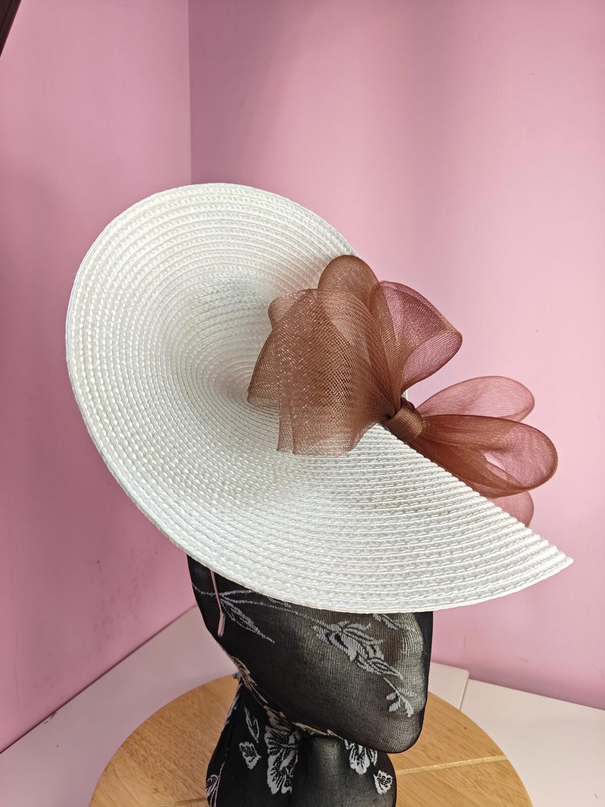 white brown large straw fascinator wedding hat Kentucky Derby Royal Ascot