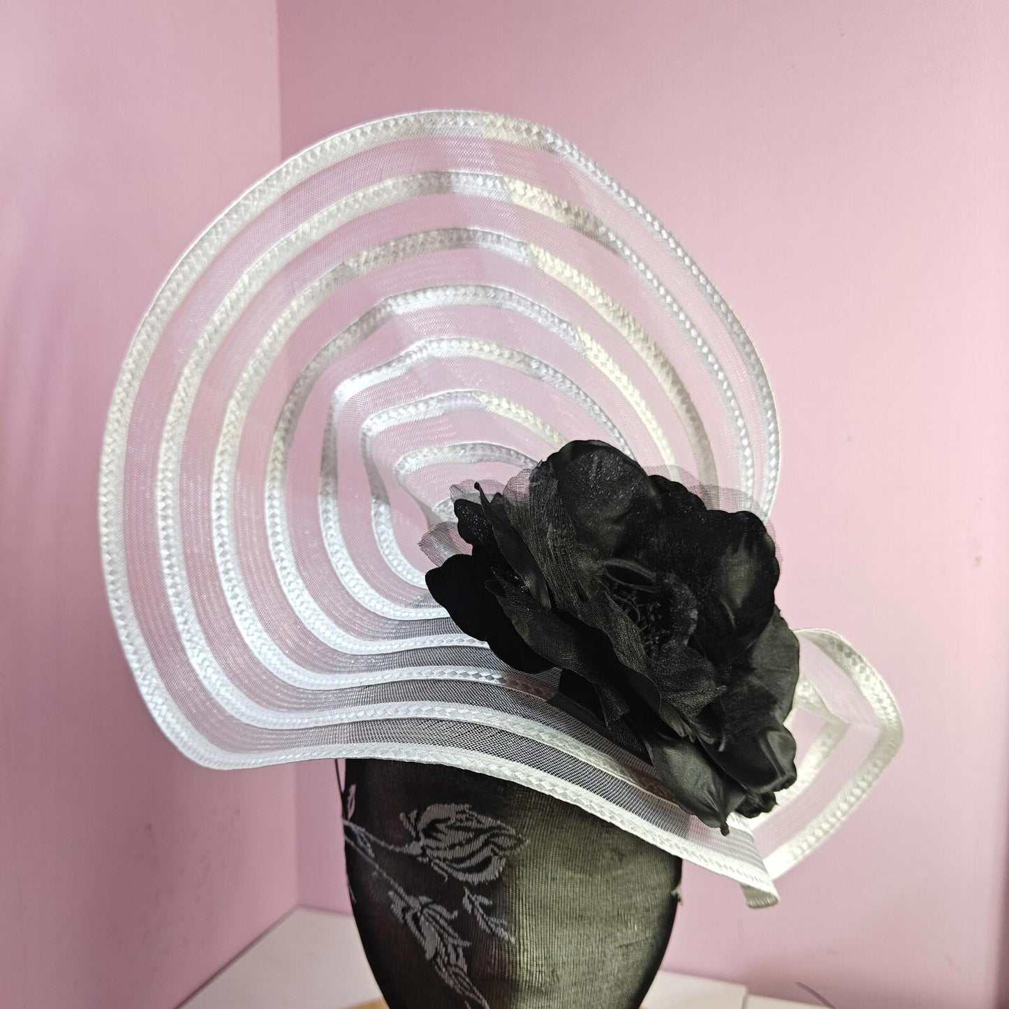 white black flower fascinator millinery wedding hat Kentucky Derby Royal Ascot