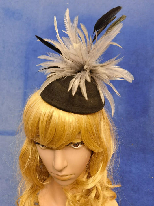Grey black feather flower felt mini pill box hat veiling veil fascinator