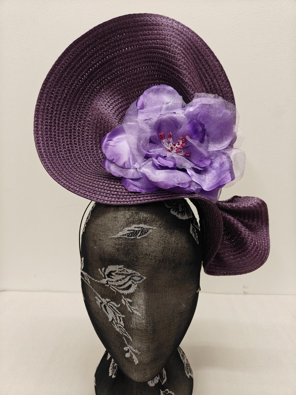 purple flower large straw fascinator millinery burlesque headband wedding hat