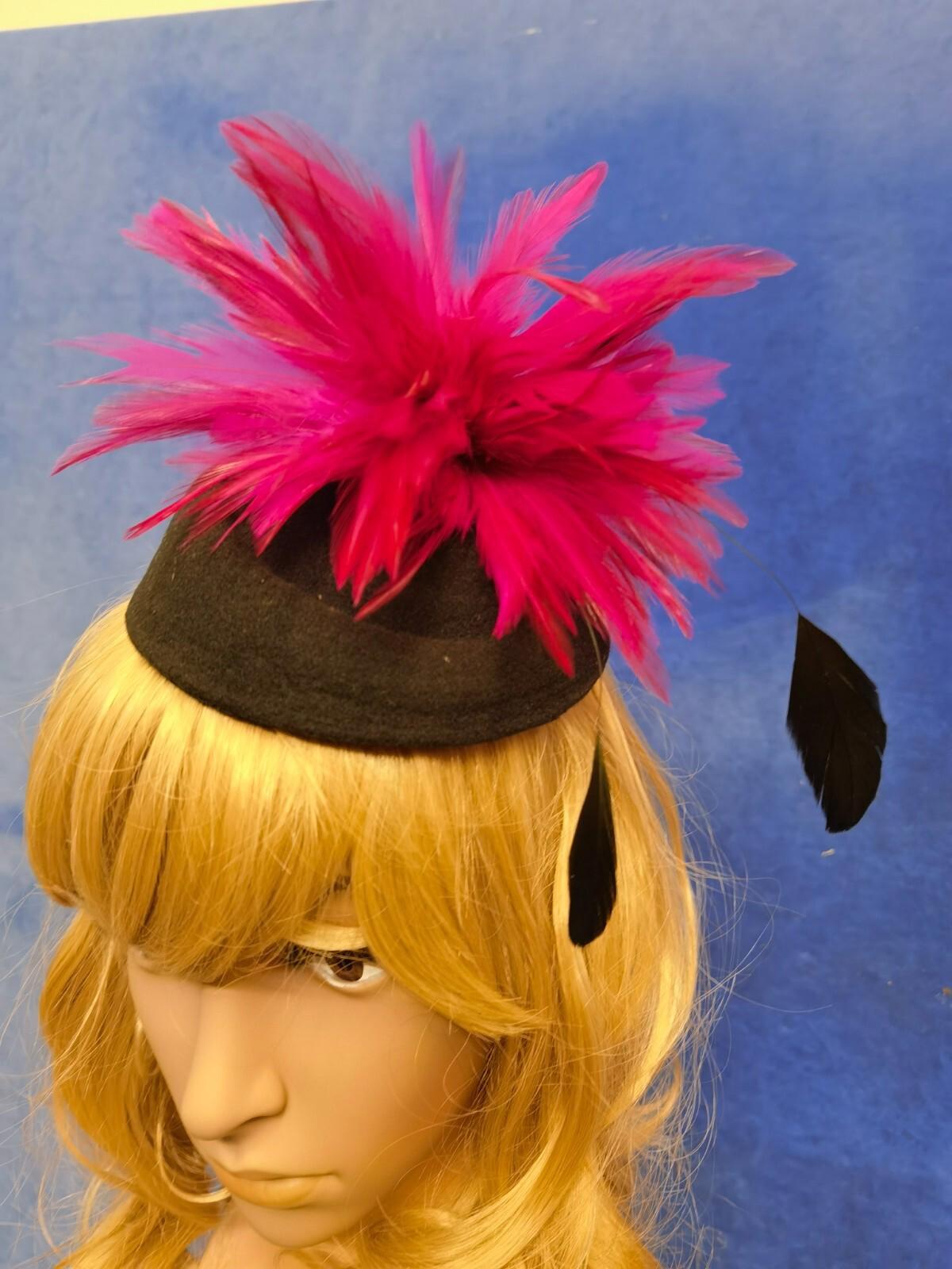 Pink black feather flower felt mini pill box hat veiling veil fascinator