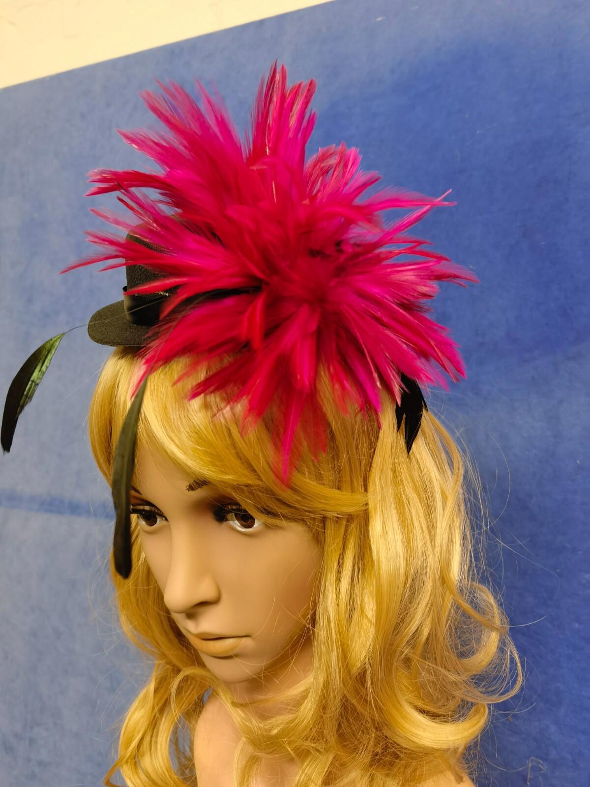 Pink black feather mini top hat fascinator millinery burlesque wedding 1