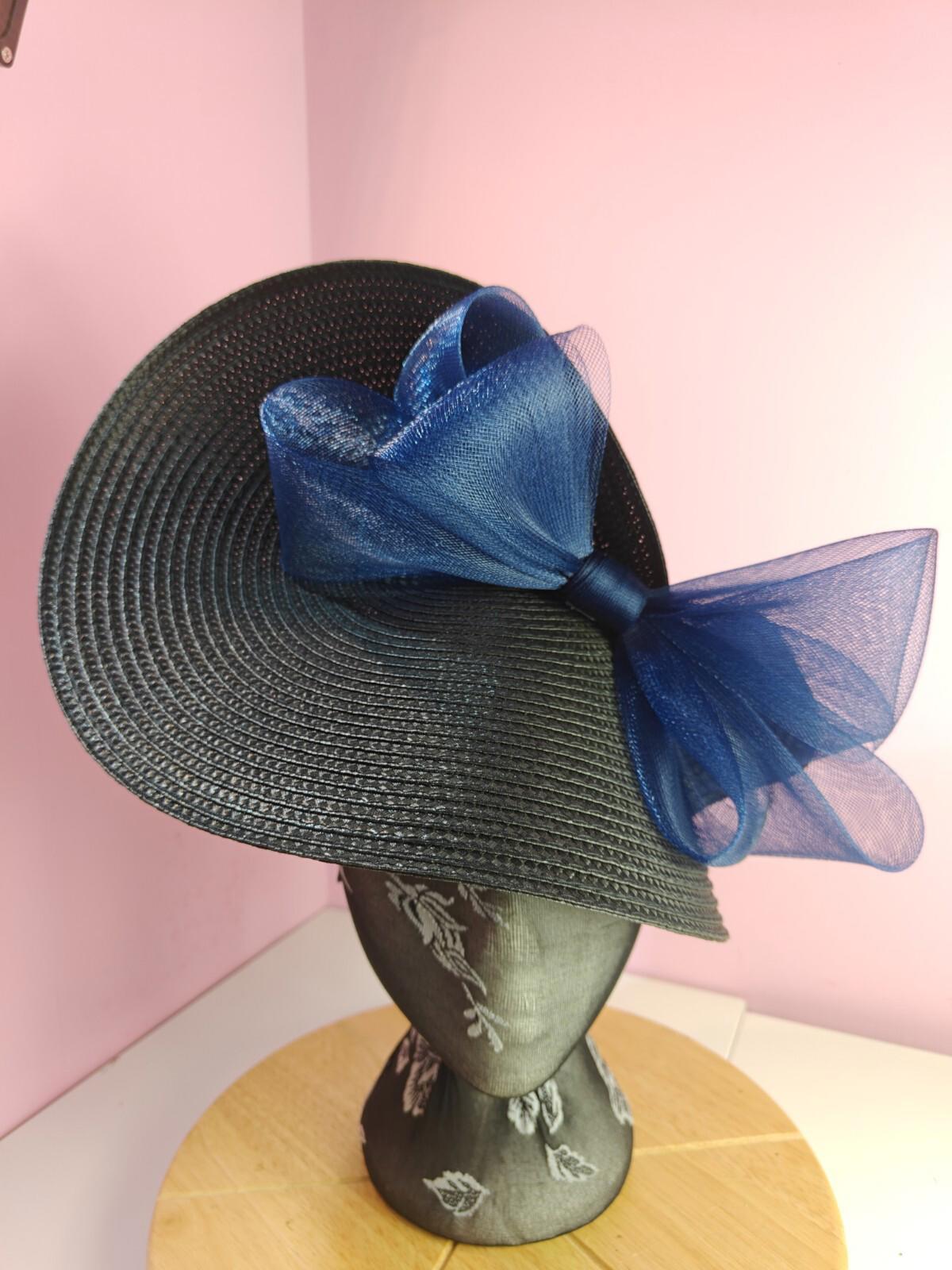 black navy large straw fascinator wedding hat Kentucky Derby Royal Ascot