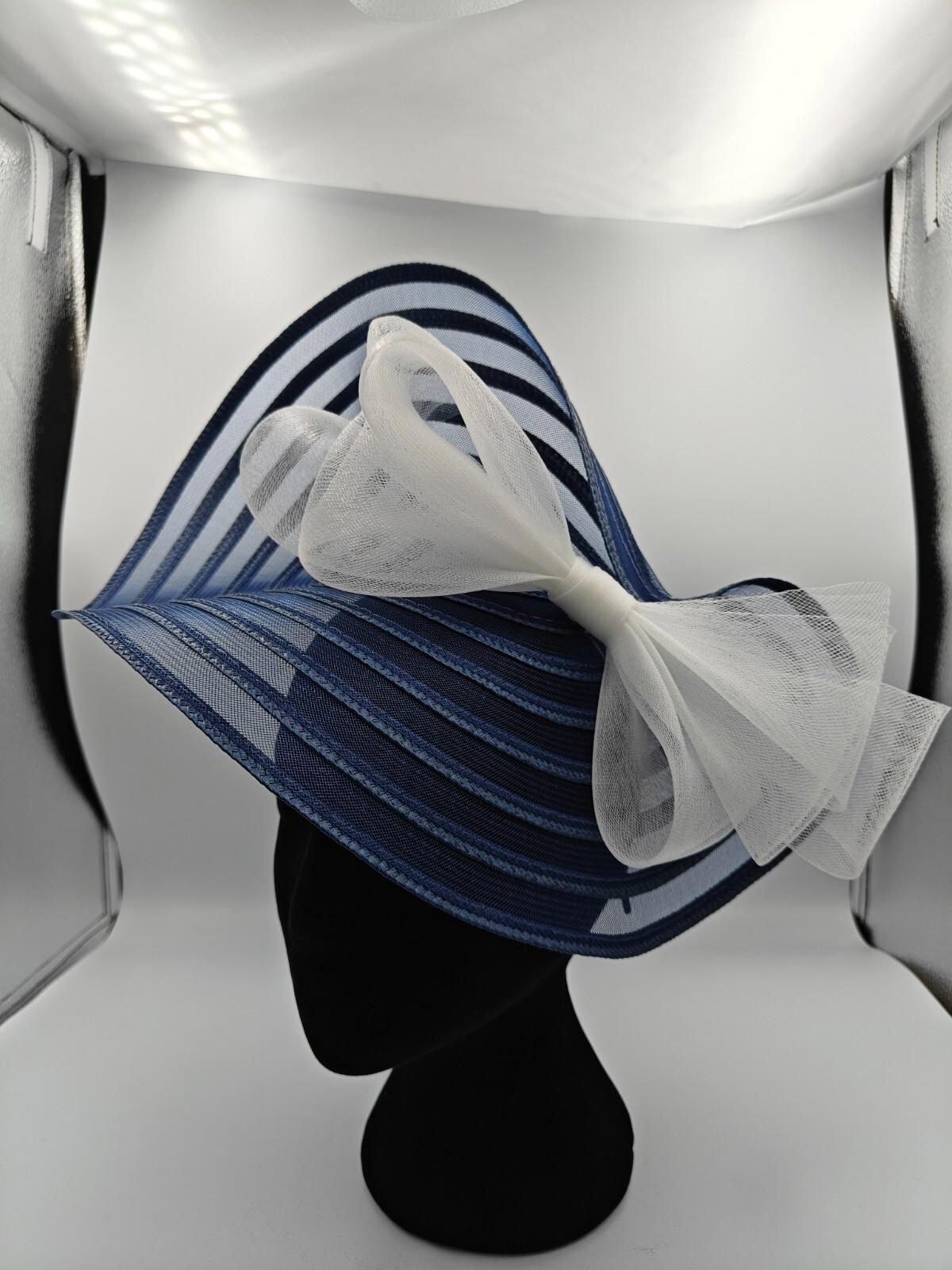 navy blue white bow straw fascinator millinery burlesque headband wedding hat