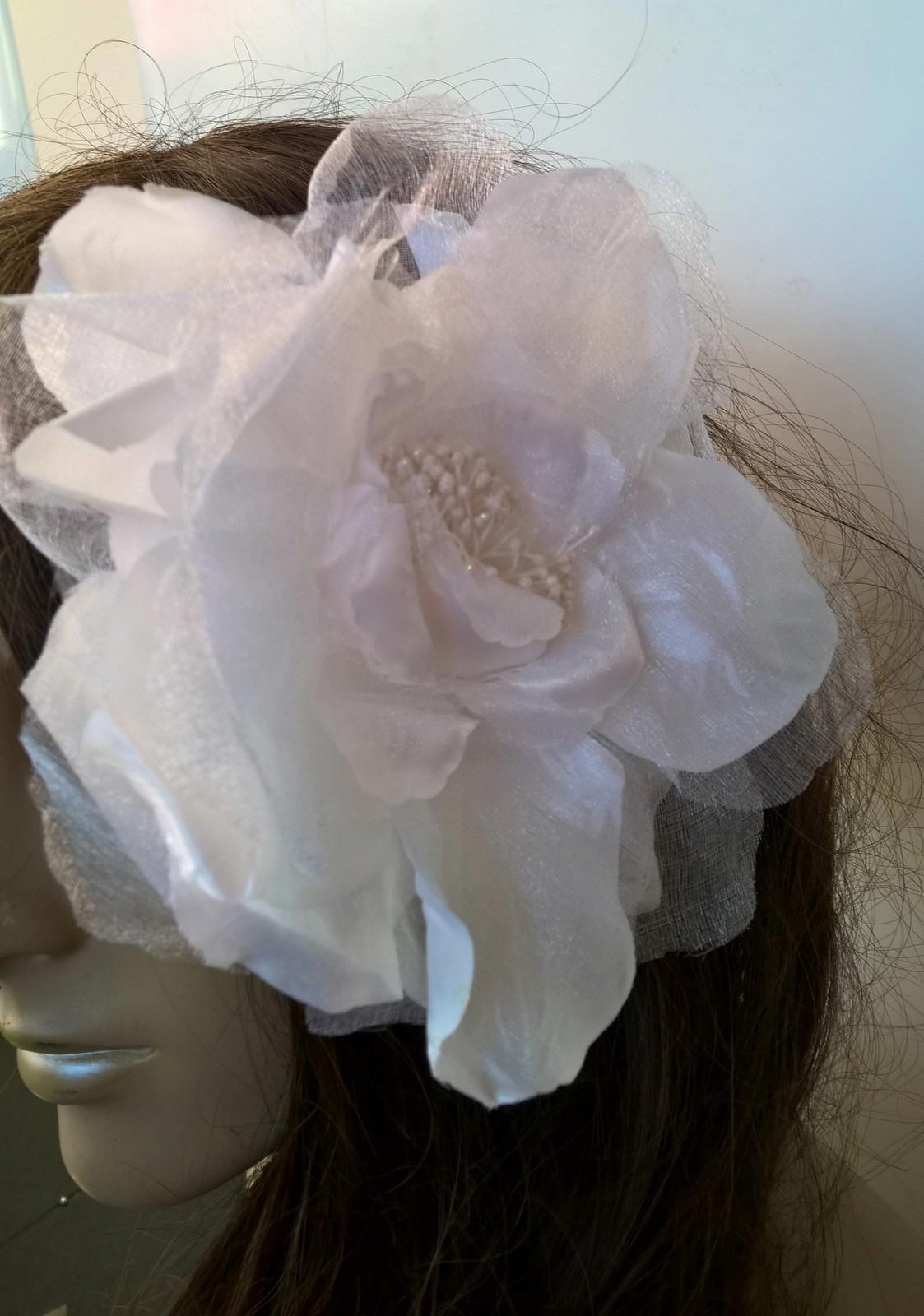 white satin flower fascinator millinery burlesque wedding hat bridal race