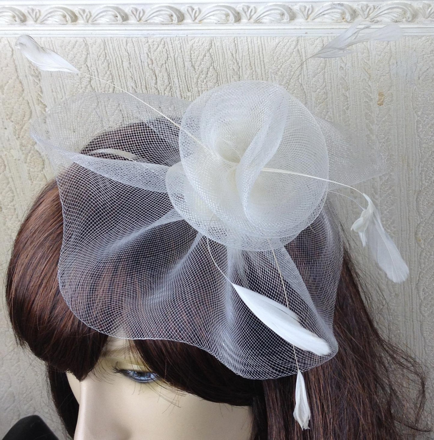 ivory netting feather hair headband fascinator millinery wedding hat ascot race