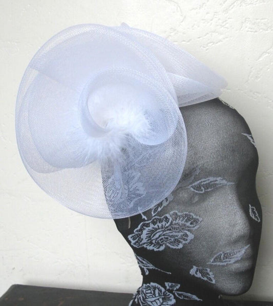 white crin fascinator on headband millinery wedding hat ascot race fancy dress