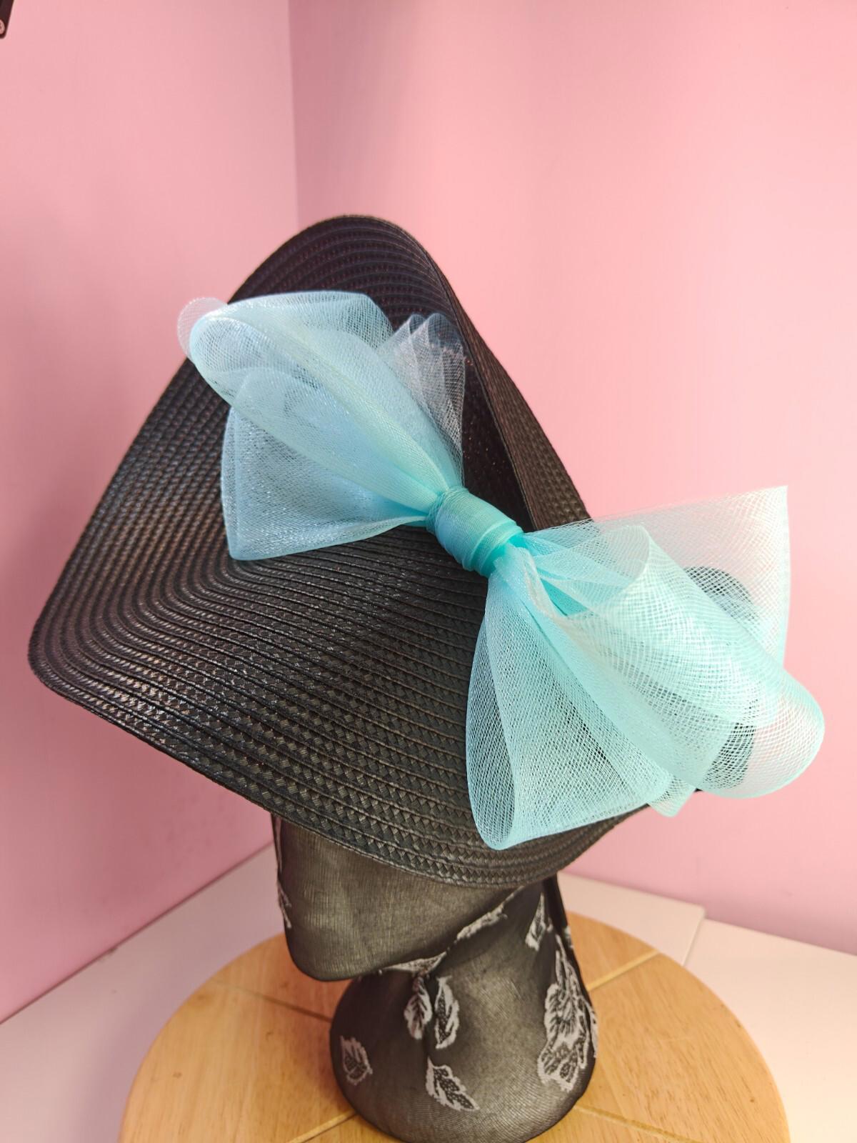 black light blue large straw fascinator wedding hat Kentucky Derby Royal Ascot