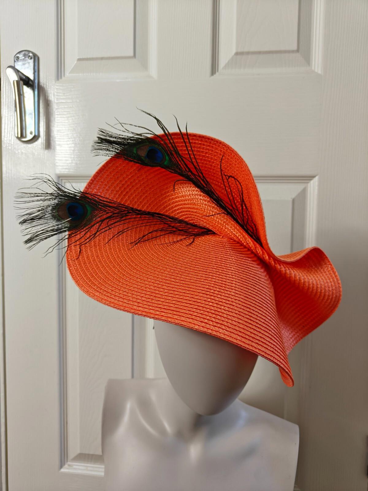 orange large straw fascinator peacock feather millinery headband wedding hat