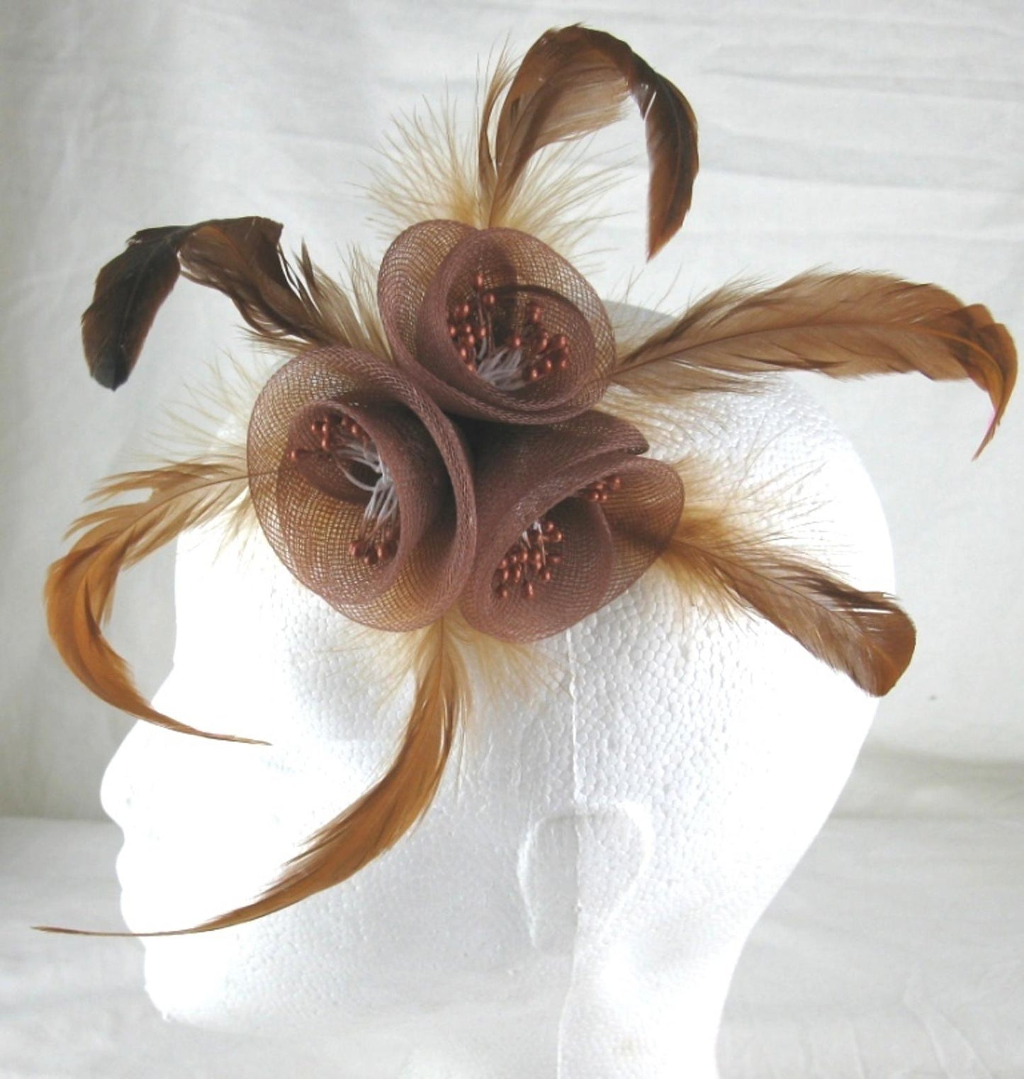 light brown fascinator millinery feather brooch clip wedding hair piece ascot