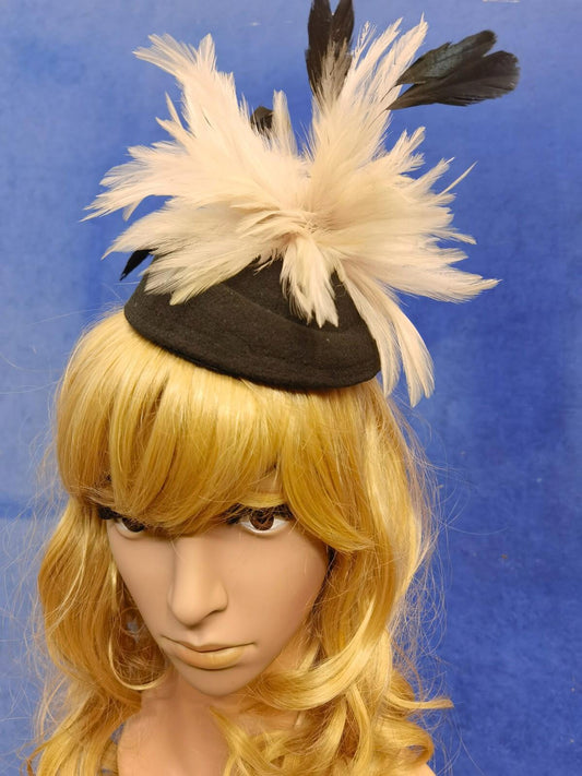 Cream black feather flower felt mini pill box hat veiling veil fascinator