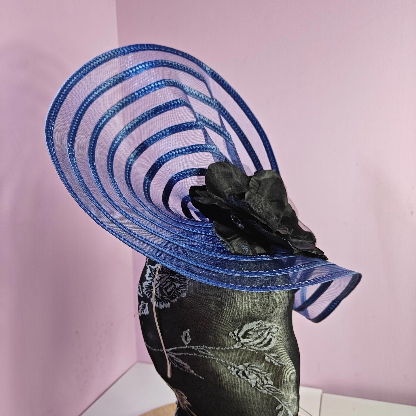 blue black flower fascinator millinery wedding hat Kentucky Derby Royal Ascot