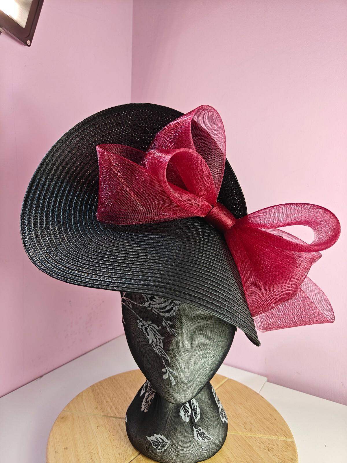 black dark red large straw fascinator wedding hat Kentucky Derby Royal Ascot