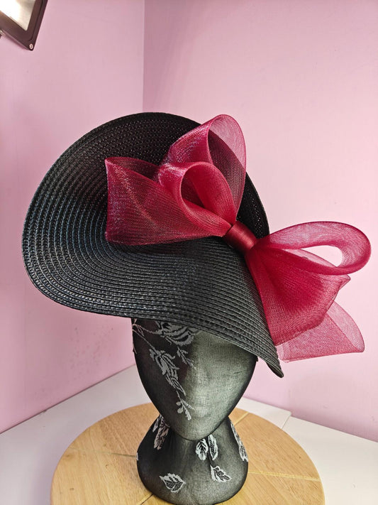 black dark red large straw fascinator wedding hat Kentucky Derby Royal Ascot
