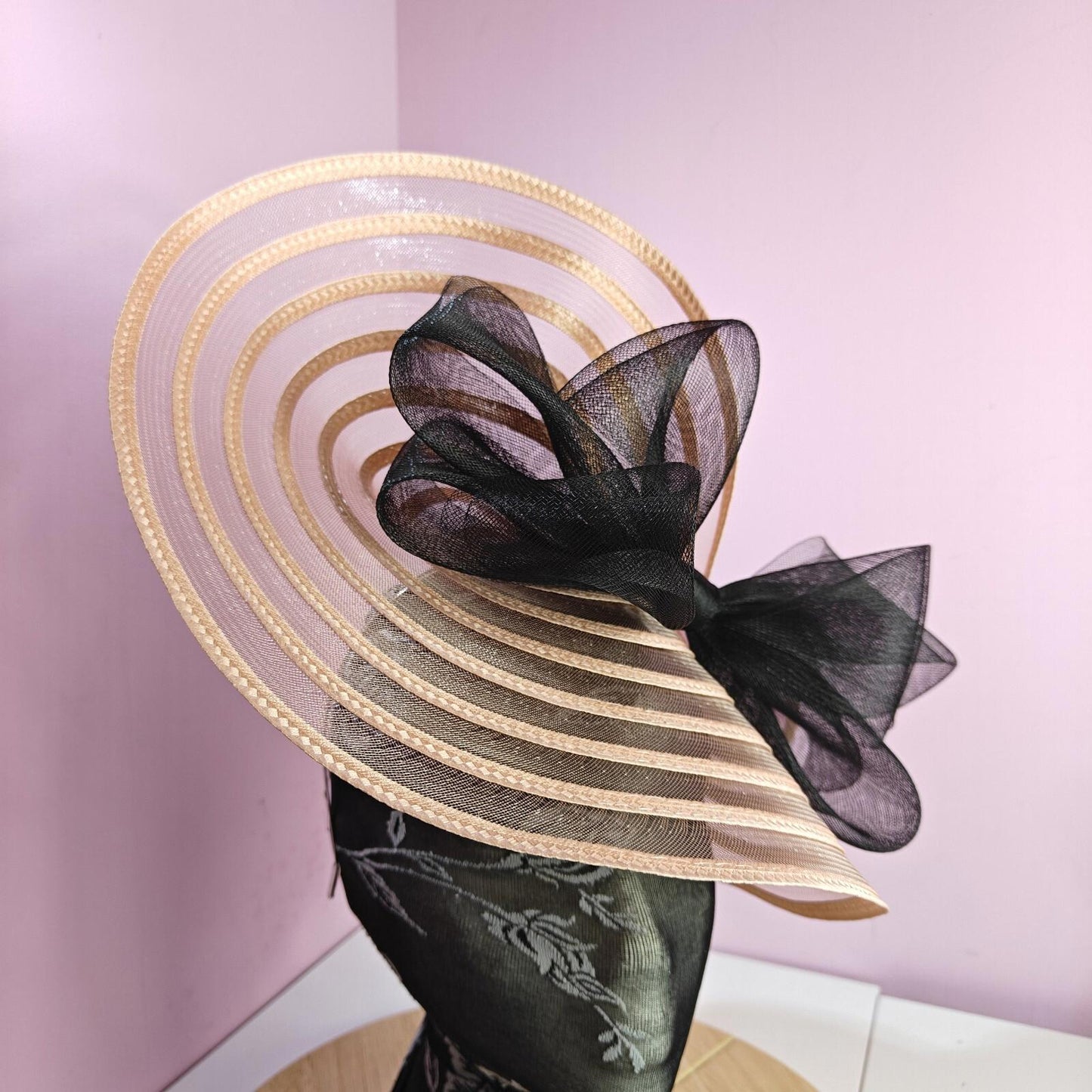 peach coral black fascinator millinery wedding hat Kentucky Derby Royal Ascot