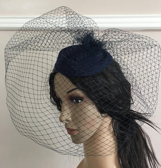 navy blue felt mini pill box hat veiling french veil fascinator wedding race