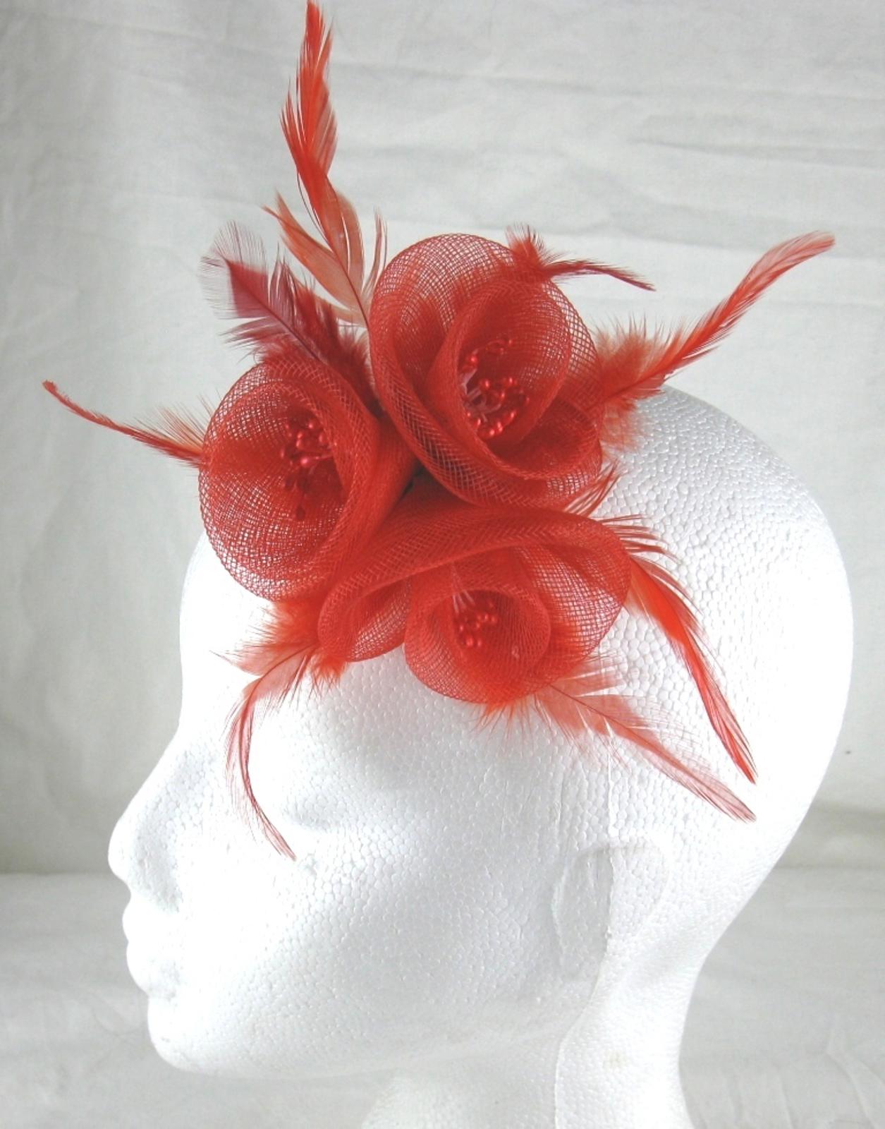 bright red fascinator millinery feather brooch clip wedding hair piece ascot