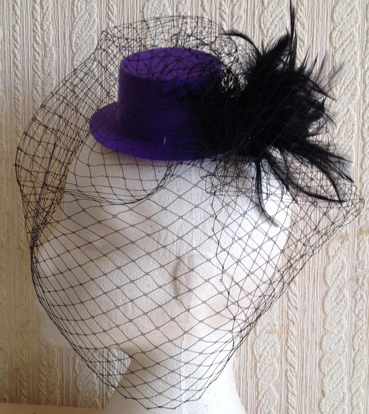 black veiling feather purple mini top hat fascinator millinery burlesque wedding