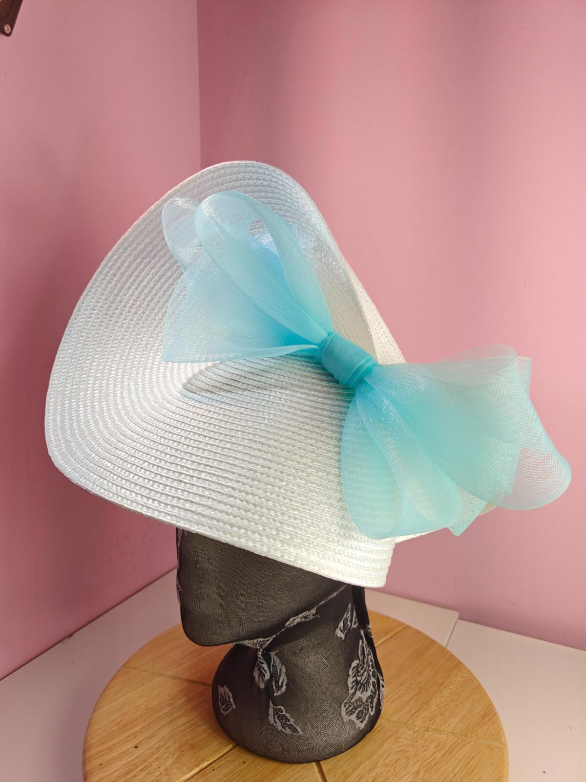 white light blue large straw fascinator wedding hat Kentucky Derby Royal Ascot