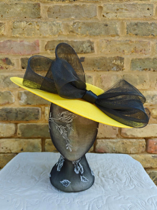 yellow black large fascinator wedding hat  Kentucky Derby Royal Ascot bow
