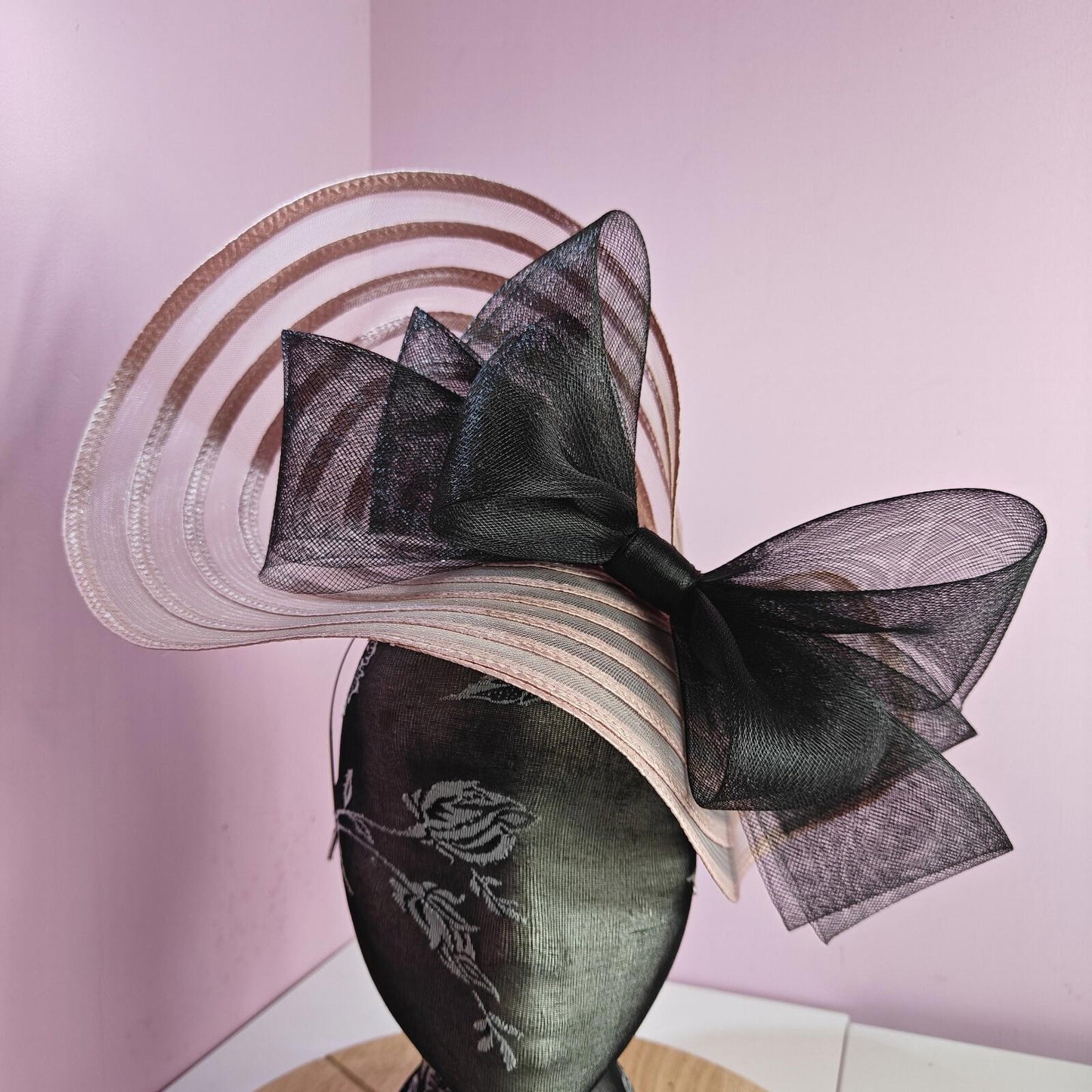 pink black bow fascinator millinery wedding hat Kentucky Derby Royal Ascot
