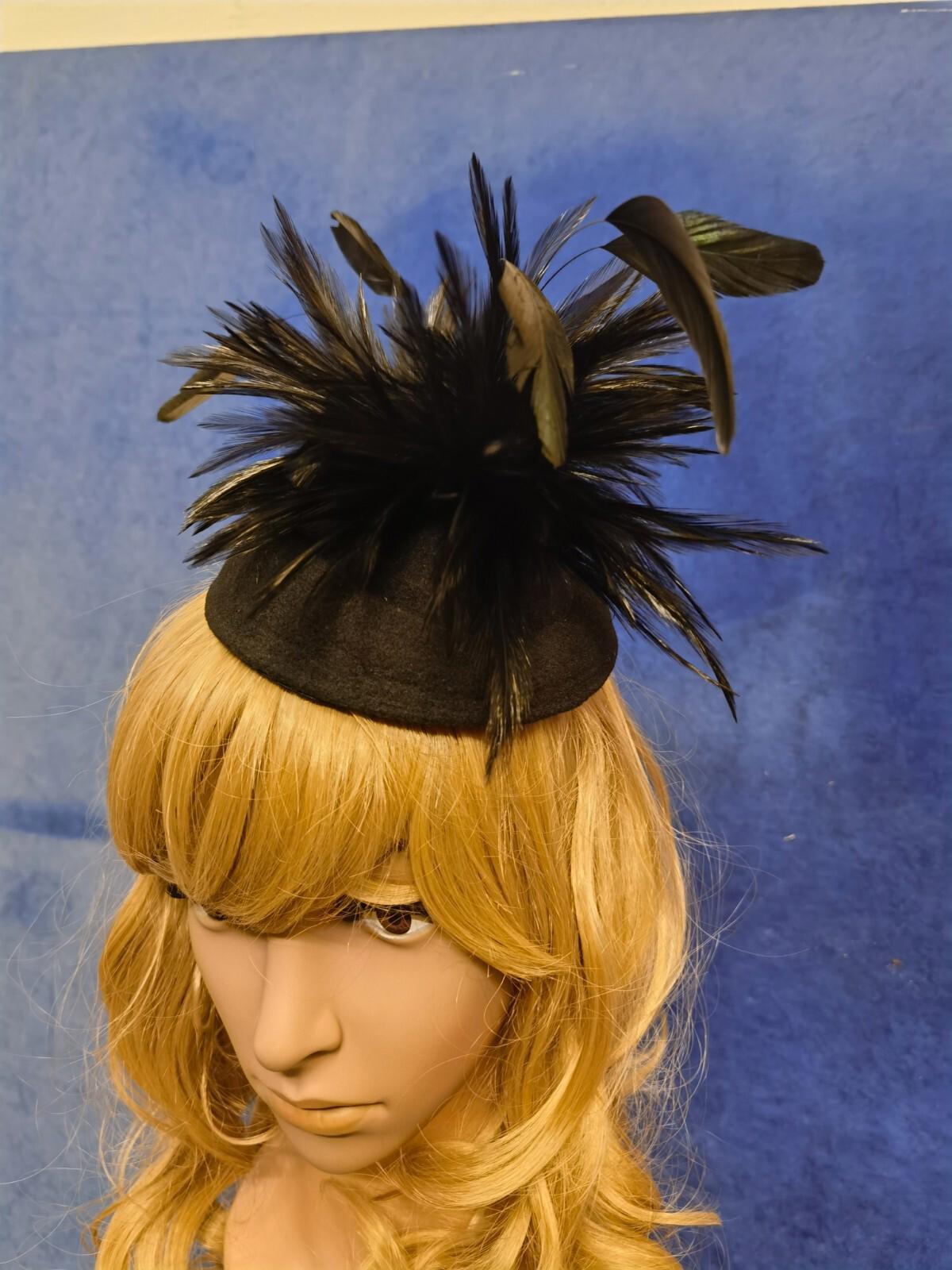 black feather flower felt mini pill box hat veiling veil fascinator wedding