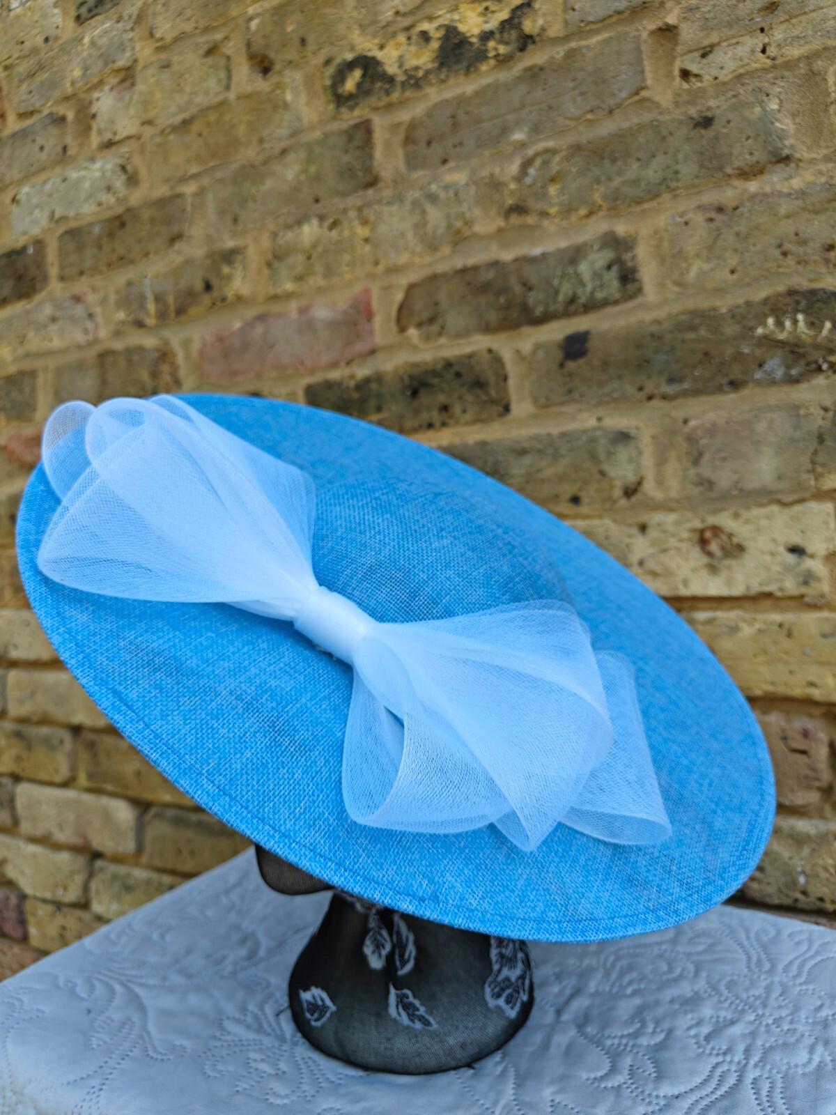 blue white large fascinator wedding hat  Kentucky Derby Royal Ascot bow