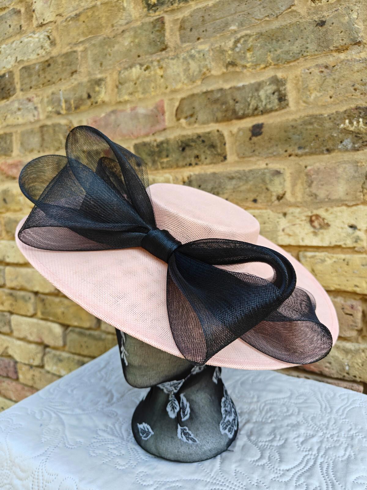 peach pink black large fascinator wedding hat  Kentucky Derby Royal Ascot bow