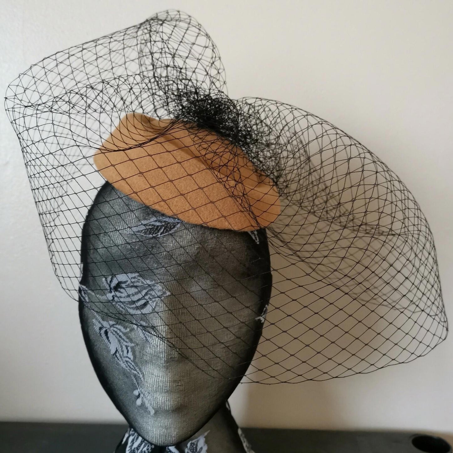 brown beige felt mini pill box hat black veiling french veil fascinator wedding